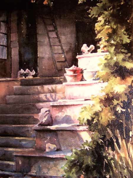 Stone birds on steps, Burgundy