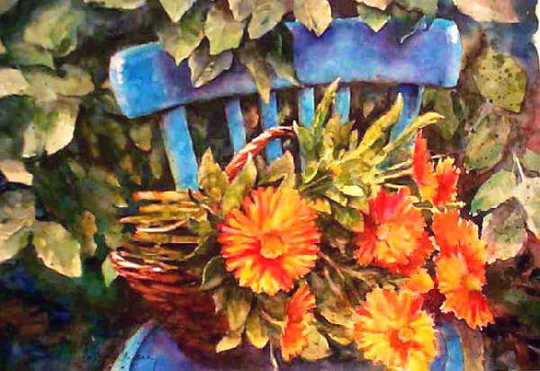 Flowers on a blue chair