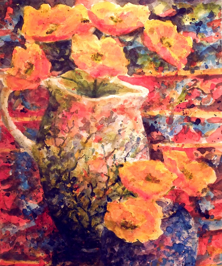 Blue vase and yellow flowers w2