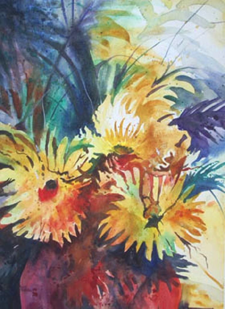 Yellow flowers in a red vase